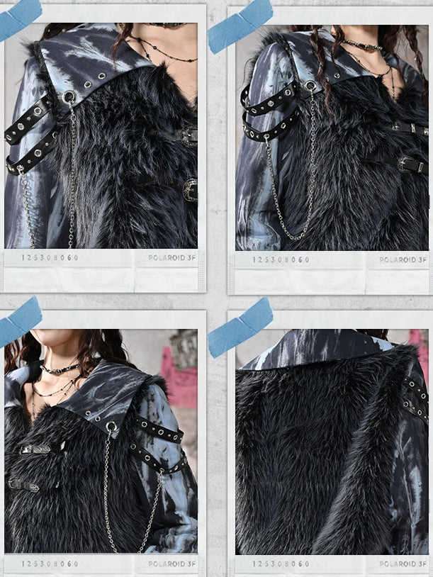 Grunge Punk Rock Blue Faux Fur Patchwork Jacket Chain Detail