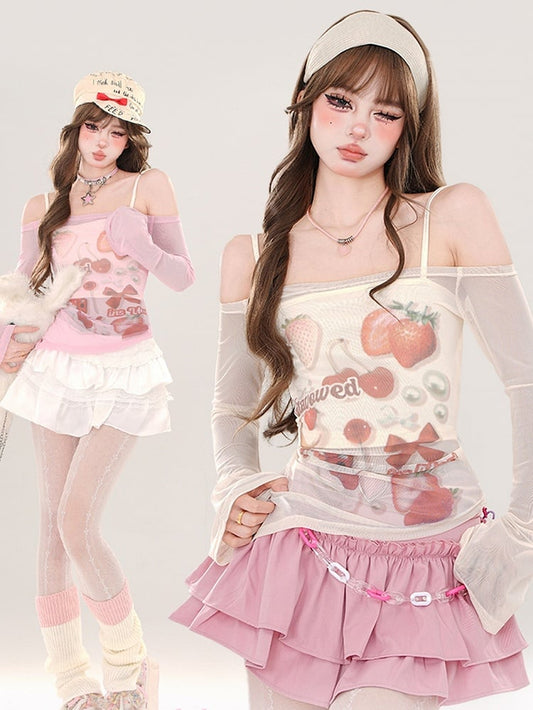 Ensemble haut semi-transparent à épaules dénudées et haut camisole imprimé fraises rose/abricot