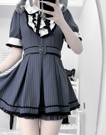 Set Collar Dark Peter Blue Top Pan Kei Stripes Maid Shorts Jirai with
