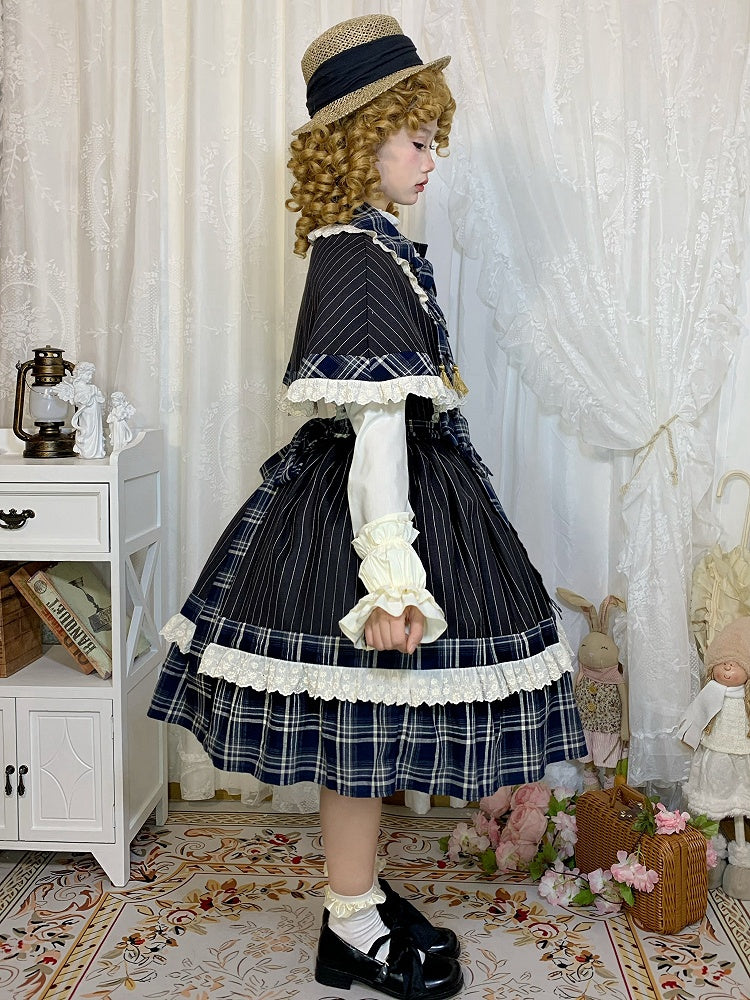 Black Stripes and Blue Plaid Pattern Cape