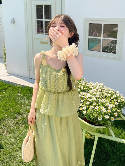 Mori Kei Green Knitted Floral Accents Cami Top