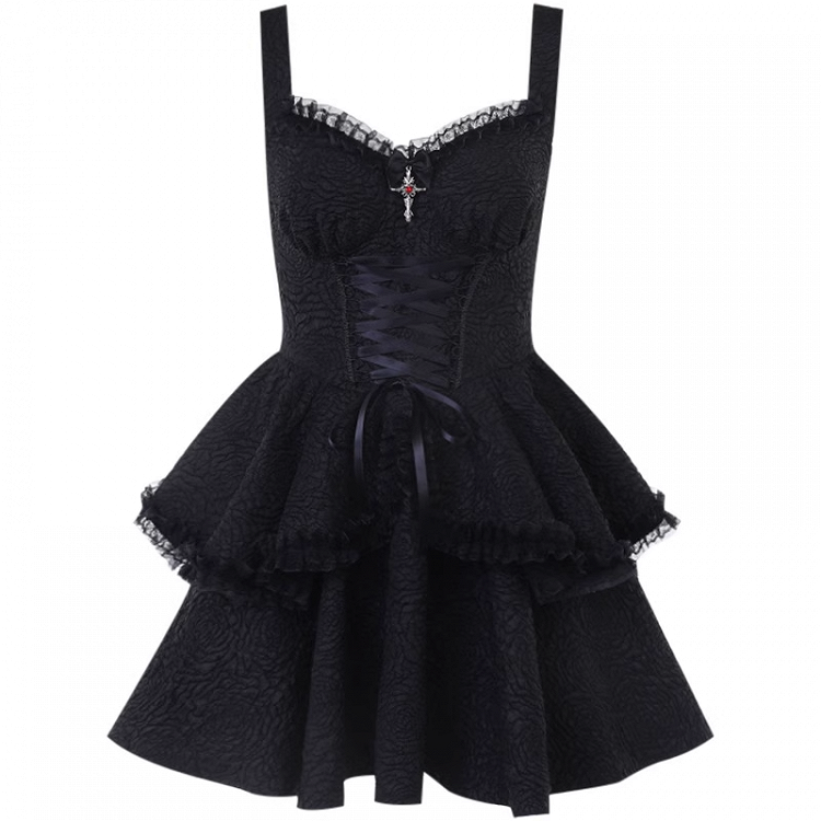 Skirt Gothic Black Sweetheart Neckline Lace-up Front Tiered