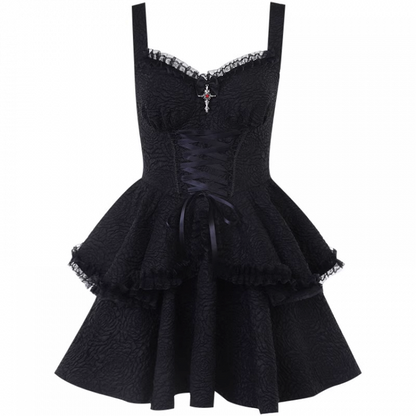 Skirt Gothic Black Sweetheart Neckline Lace-up Front Tiered