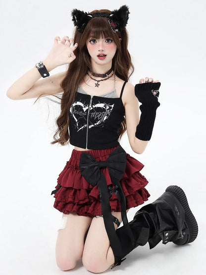 Skirt with Bow Bowknots Sweet Tiered Red Big Free