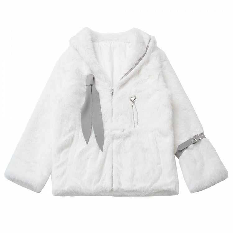 White Sailor Collar Buckle Strap Plush Coat