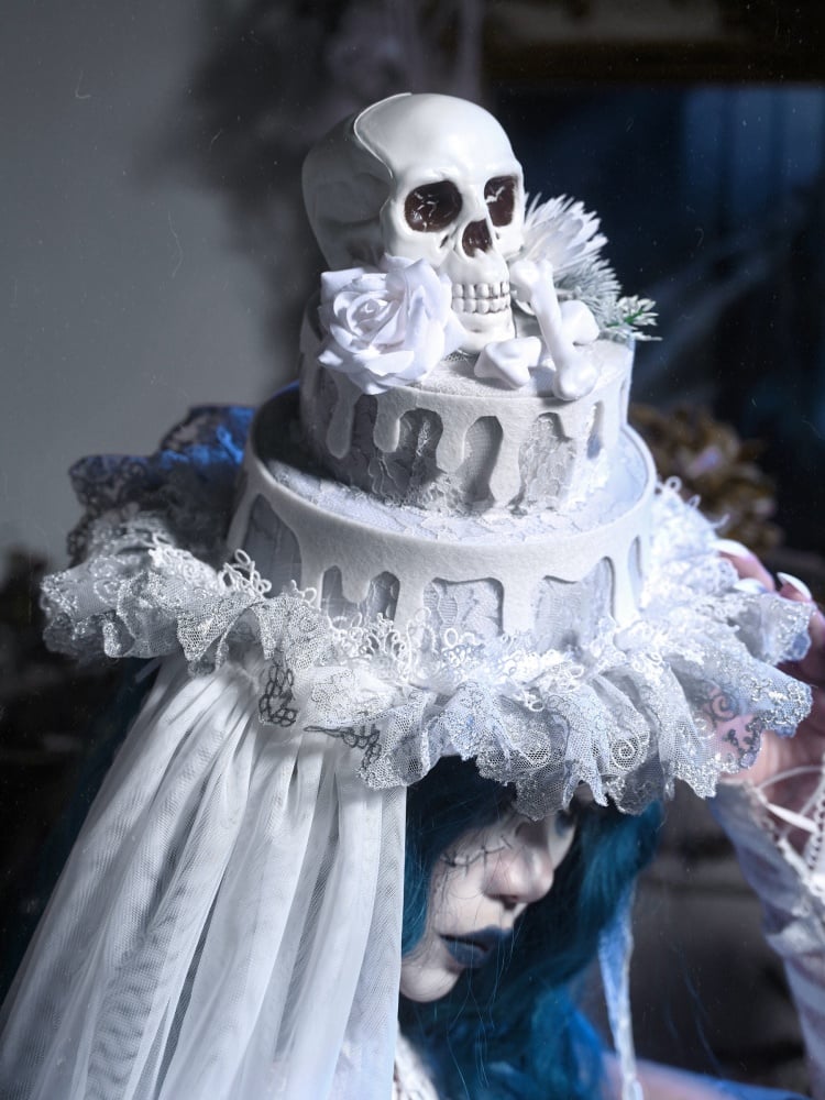 White Goth Halloween Bone and Flowers Cake Hat