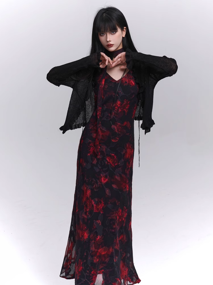 Floral Length Red and Black V-Neck Ankle Slip Dress