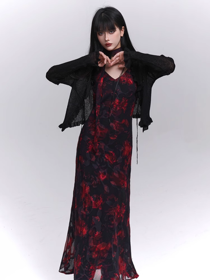 Floral Length Red and Black V-Neck Ankle Slip Dress