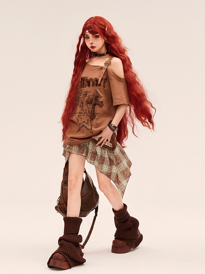 Fashion Gyaru Asymmetrical T-shirt Neckline Leopard Cross Applique Brown