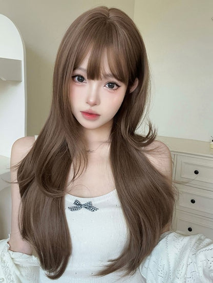 Length Wavy Wig Brown Light Air Bangs With 72CM