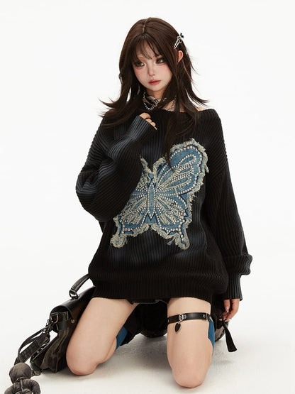 Wasteland Punk Butterfly Applique Black Asymmetrical Neckline Sweater