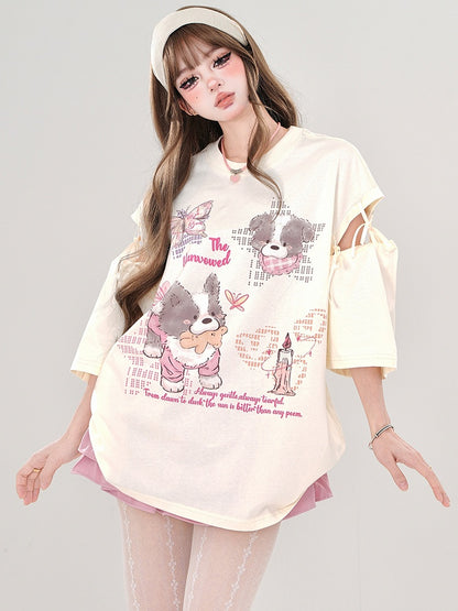 Rosa/Aprikose – T-Shirt mit Cartoon-Welpen und Cut-out-Ärmeln zum Binden
