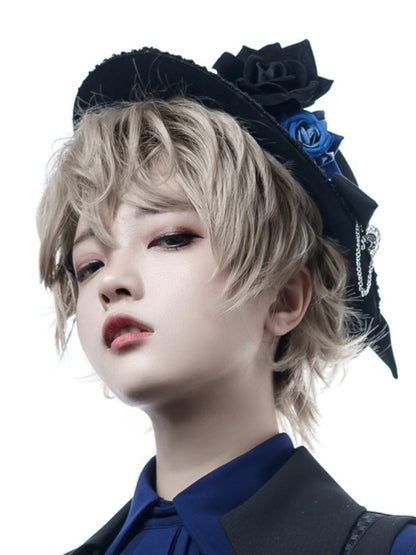 Lolita Ouji Hat Black and Flat Blue Roses