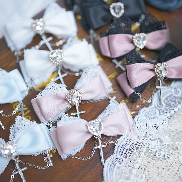5 Herz Strass Spitze Trim Jirai Kei Schleife Haarspangen Kette Farben Kreuz