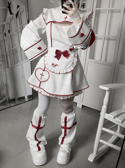 Maid Set: Halloween-themed Embroidery Buttons Cross Heart White Red Dress with + Kawaii Shorts Yami