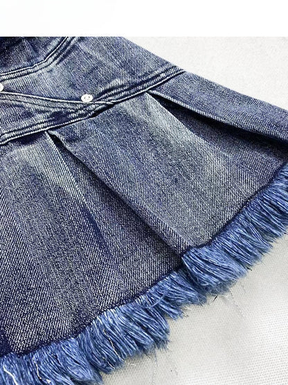 Y2K Vintage Dark Blue Distress Trim Denim Glamorous Skirt+Buckle Strap Plush Trim Leg Warmers