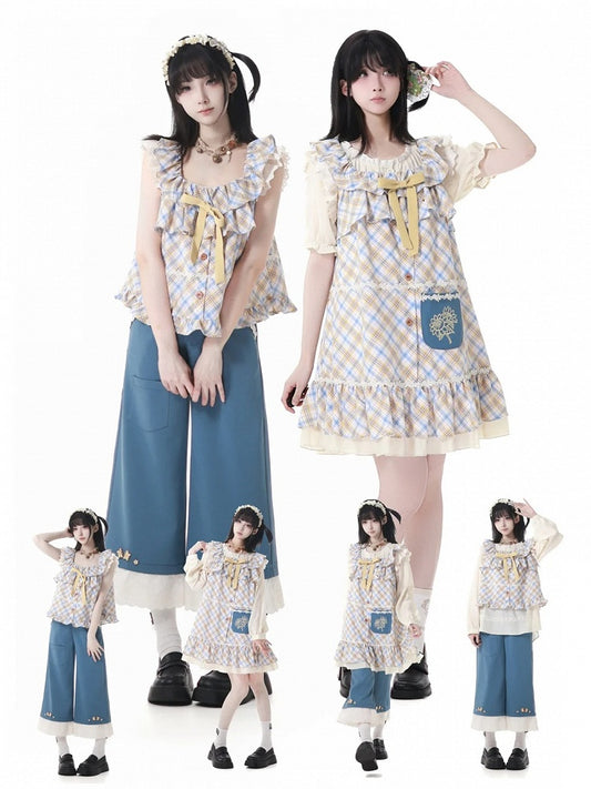 Bow Plaid and Sleeves Flutter Yellow Blue Cottagecore Top Detachable Tiered with