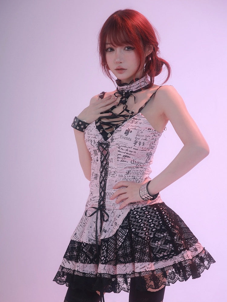 Robe punk rock rose sans manches à imprimé dentelle