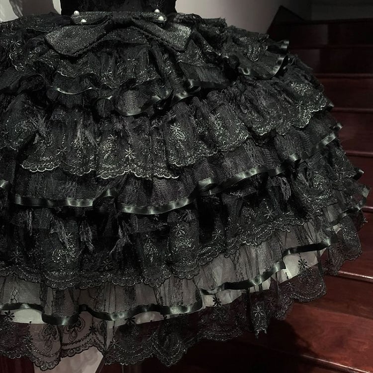 Butterfly Hanayome Skirt Tiered Dress Hime Bodice Lolita Fabric All Black