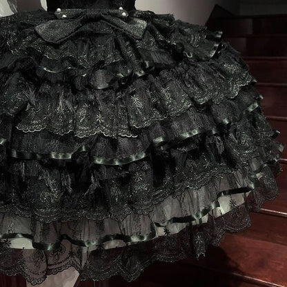 Butterfly Hanayome Skirt Tiered Dress Hime Bodice Lolita Fabric All Black