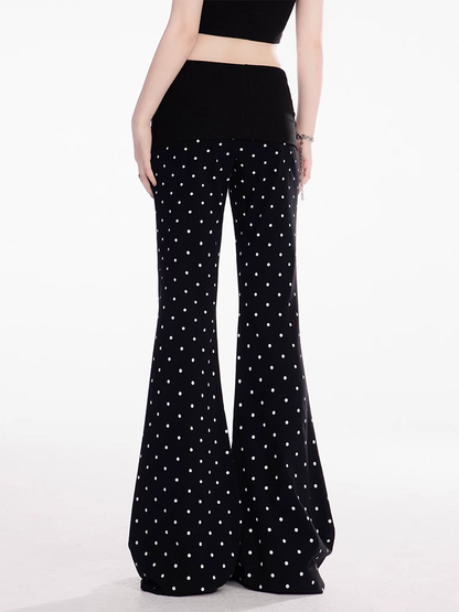 Flared Casual Pants Black Polka Dot Elastic Waist Slim-fitting