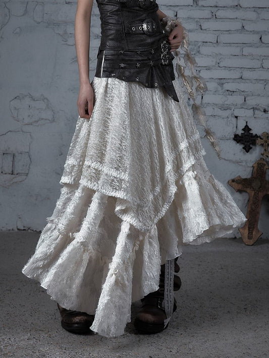 PU Lace Tiered Corset Hem Asymmetrical Convertible Dress/Skirt: Brown with White Strapless 2-in-1 Studded