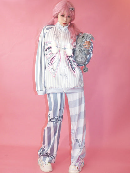 Muster Gestreift Mode Gyaru Grau Jacke Bogen Knochen Big Print