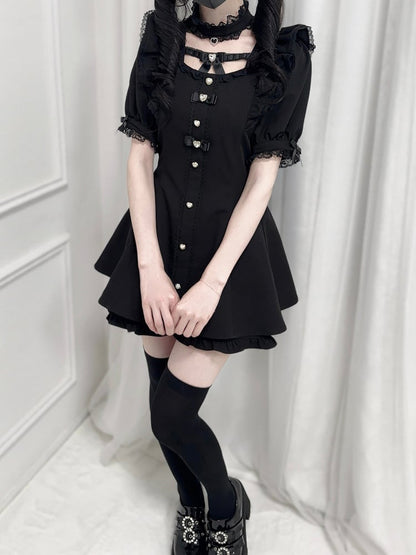 - Flutter Sleeves Self-tie Bow Back Mini Dress + Shorts Black + Set Jirai Kei Choker