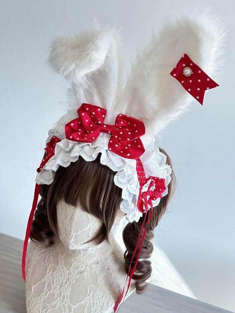 Dot Hairband Bunny Lace Bows Ear and Lolita with Pink Plush Polka Red/Pink/Light Trimmings