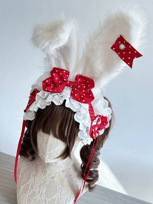 Dot Hairband Bunny Lace Bows Ear and Lolita with Pink Plush Polka Red/Pink/Light Trimmings