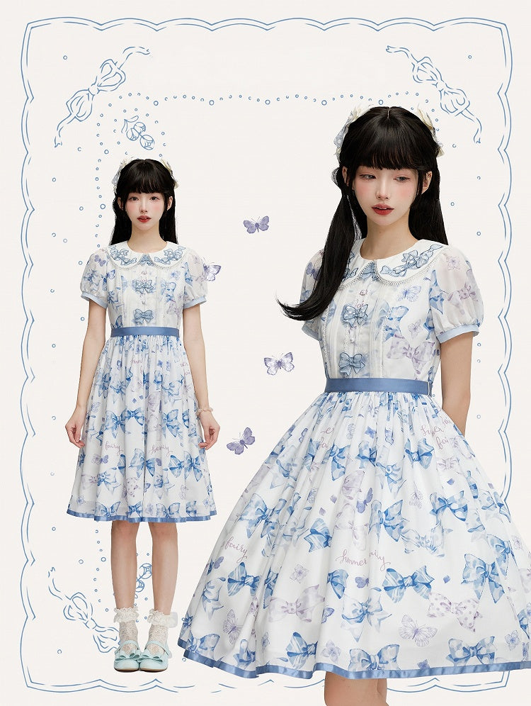 Robe Lolita bleue à col Peter Pan et nœud papillon, une pièce