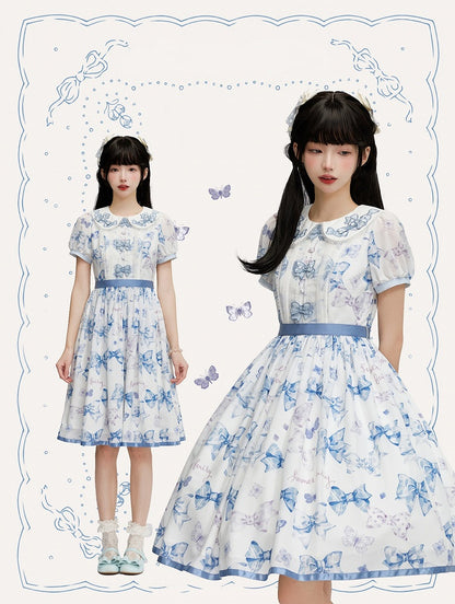 Robe Lolita bleue à col Peter Pan et nœud papillon, une pièce