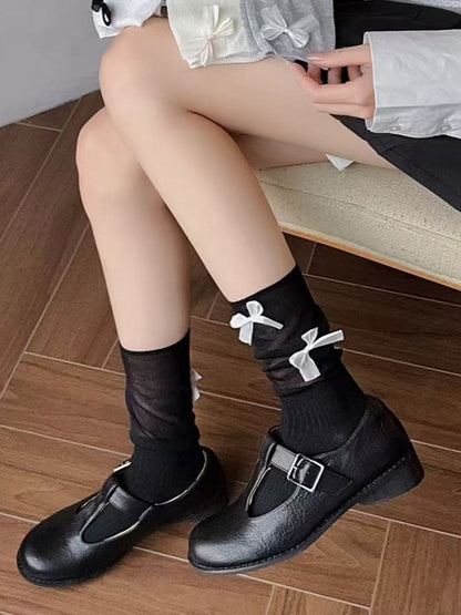 Details Bowknot Black/White/Beige/Gray Lolita Socks Calf