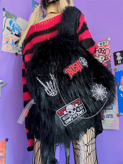 Black Skeleton Applique Punk Shaggy Backpack