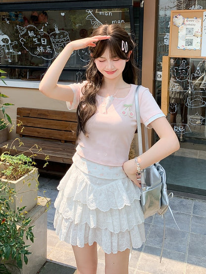 Faux Two-Pieces Pink Cherry Embroidery Sweet Floral T-Shirt