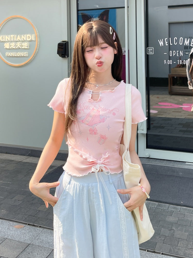 Neckline Pin Sweet T-Shirt Pink/Blue Cake Print Details Hem Lettuce Hem Big Bow