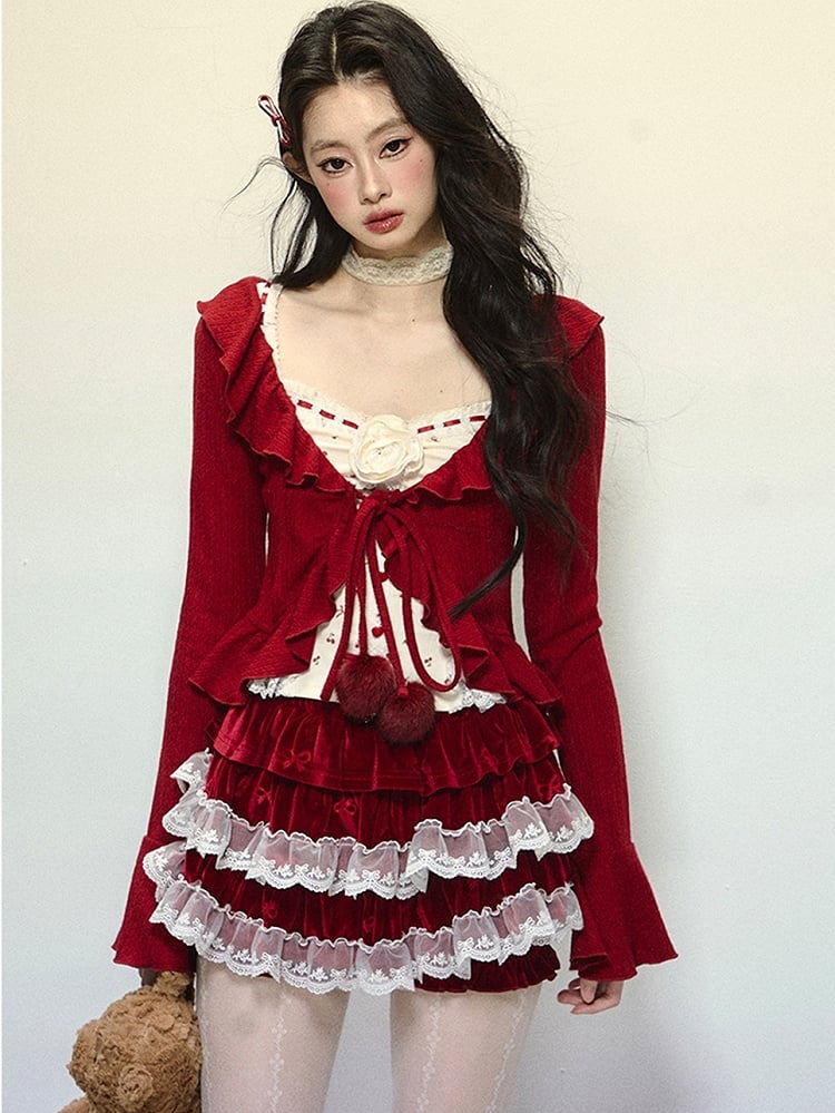 Red V-neck Self-tie Straps Cropped Cardigan Ruffle Trim
