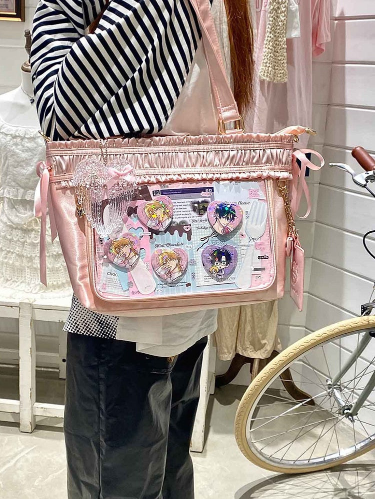 Ita Bag Ruffled Pink Ribbon Bow Large Trim Capacity Tote