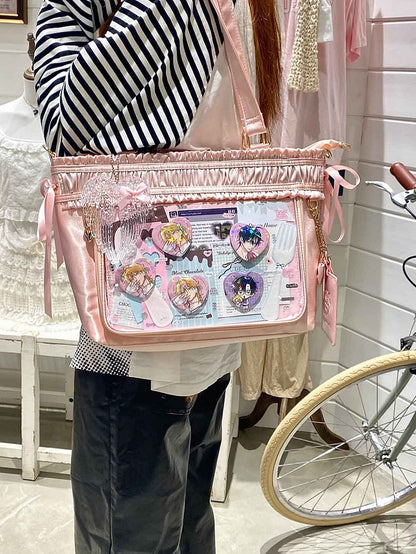 Ita Bag Ruffled Pink Ribbon Bow Large Trim Capacity Tote
