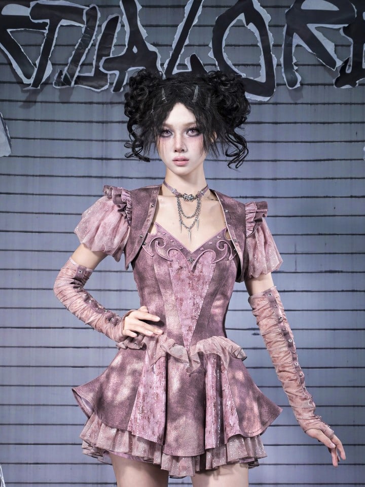 Slip Denim Y2K Totem Embroidery with Punk Ruffles Dress Dusty Pink Studded Tiered Tulle Rhinestoned
