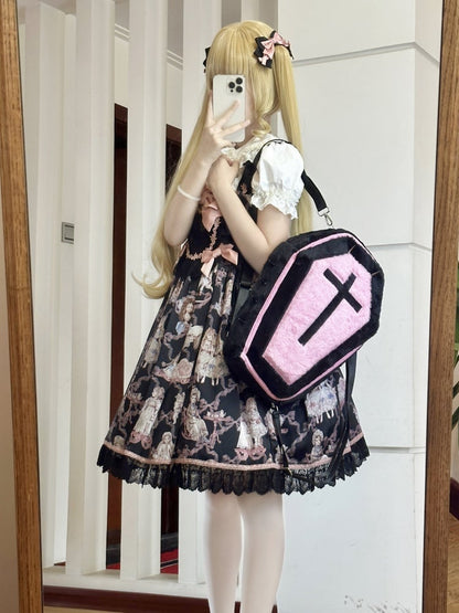 Black & Pink Jirai Kei Gothic Cross Coffin-Shaped Backpack