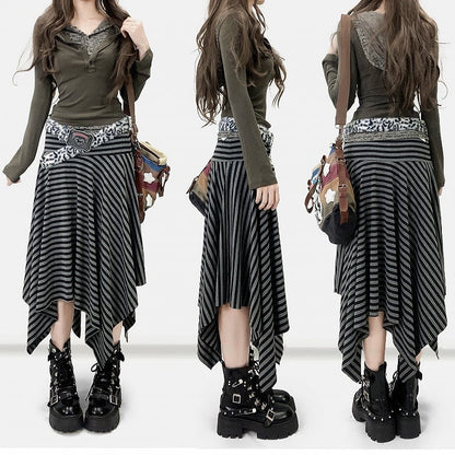 Striped Pattern Y2K Black Handkerchief Hem