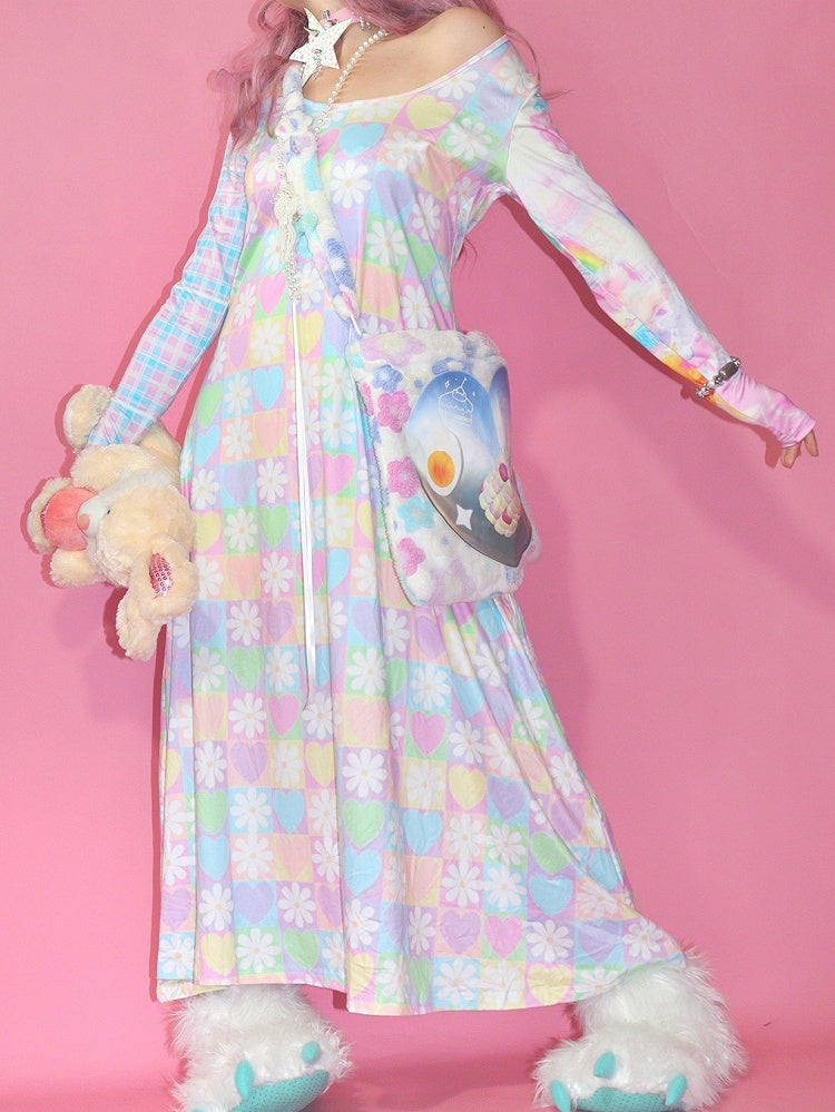 Colorful Bear Y2K Print Floral Heart Pattern And Dress Checked