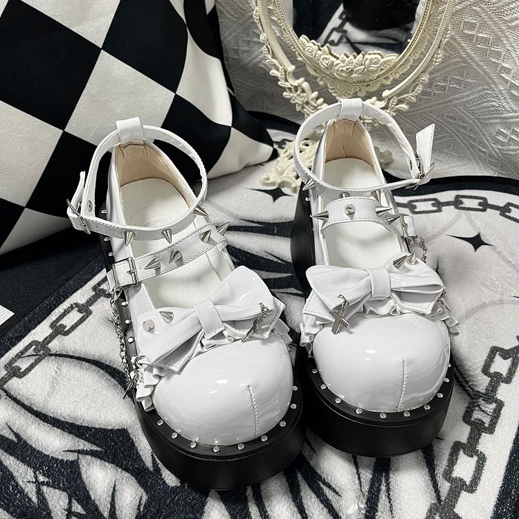 Y2K Polished White Stud Bowknot Buckle Strap Punk Platform Shoes