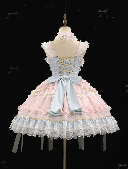Mint Green Bows Pink and Blue Sweet Lolita Corset Dress with Choker