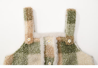Gilet polaire à carreaux avec détails floraux verts et boutons