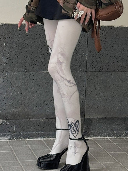 White 100D Punk Print Tights