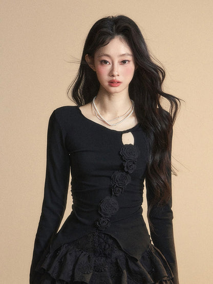 Round Glamorous Detail Black Knitted Neck Floral Embellished Cutout Top