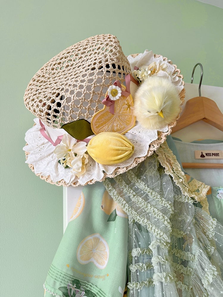 Plush Chick with Hat Flowers and Out Hallow Straw Adorned