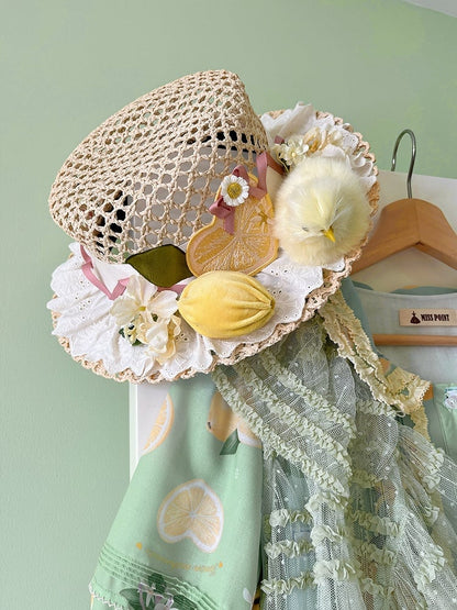 Plush Chick with Hat Flowers and Out Hallow Straw Adorned